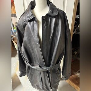 EXCELLED VINTAGE LAMB LEATHER MENS 3/4 BELTED TRENCH COAT SZ XL ORIG OWNER LINED